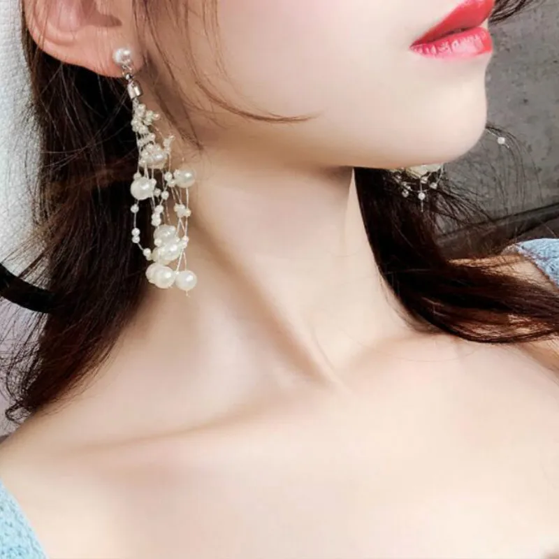 RONGBIN 2020 Luxury Simulated Pearl Long Earrings For Women Silver Color Dangle Drop Wedding Jewelry Brincos Orecchini | Украшения и