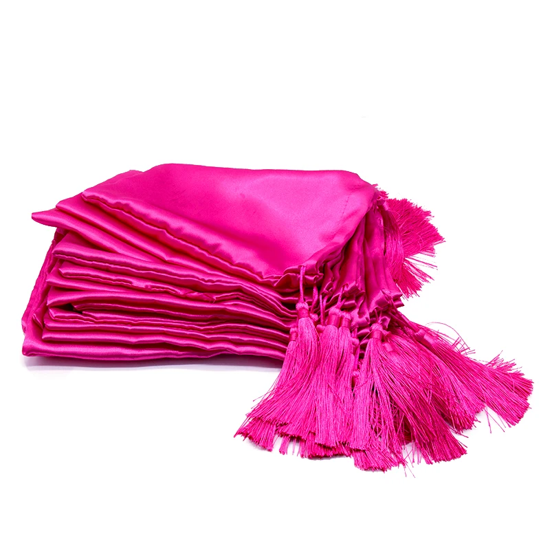 18x30cm Blank hot pink virgin hair extension packaging satin silk bag with luxury tassels gift bundles packing bags | Дом и сад