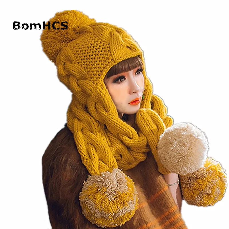 Красивая Женская зимняя теплая шапка BomHCS с шарфом и перчатками костюм 100% вязаная