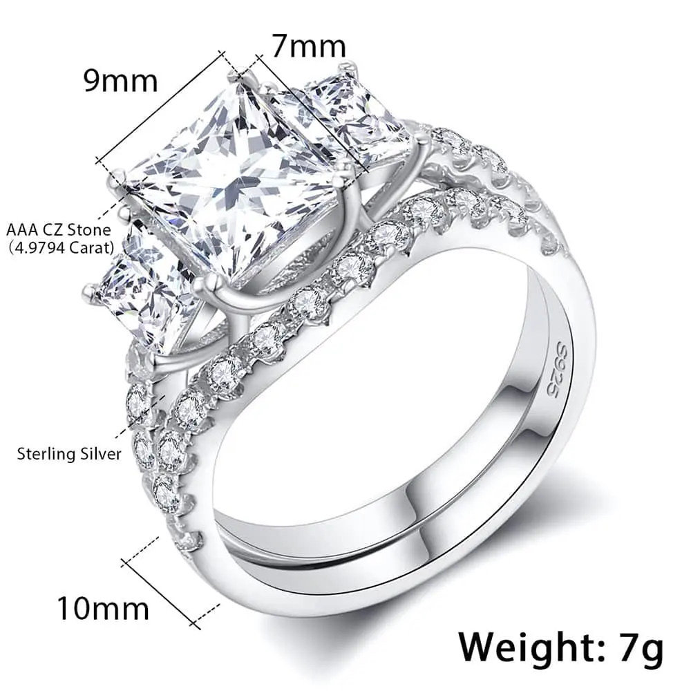 925 Sterling Silver 4.9 Carat CZ Paved Wedding Band Bridal Ring Sets Women 3 Stone Cubic Zirconia Eternity Engagement Rings SR07 | Украшения