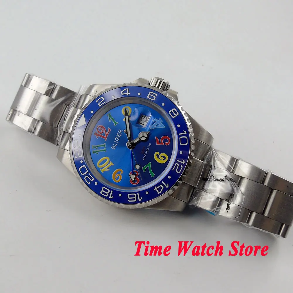 Bliger 40mm blue dial date colorful marks saphire glass Ceramic Bezel GMT Automatic movement Men's watch | Наручные часы