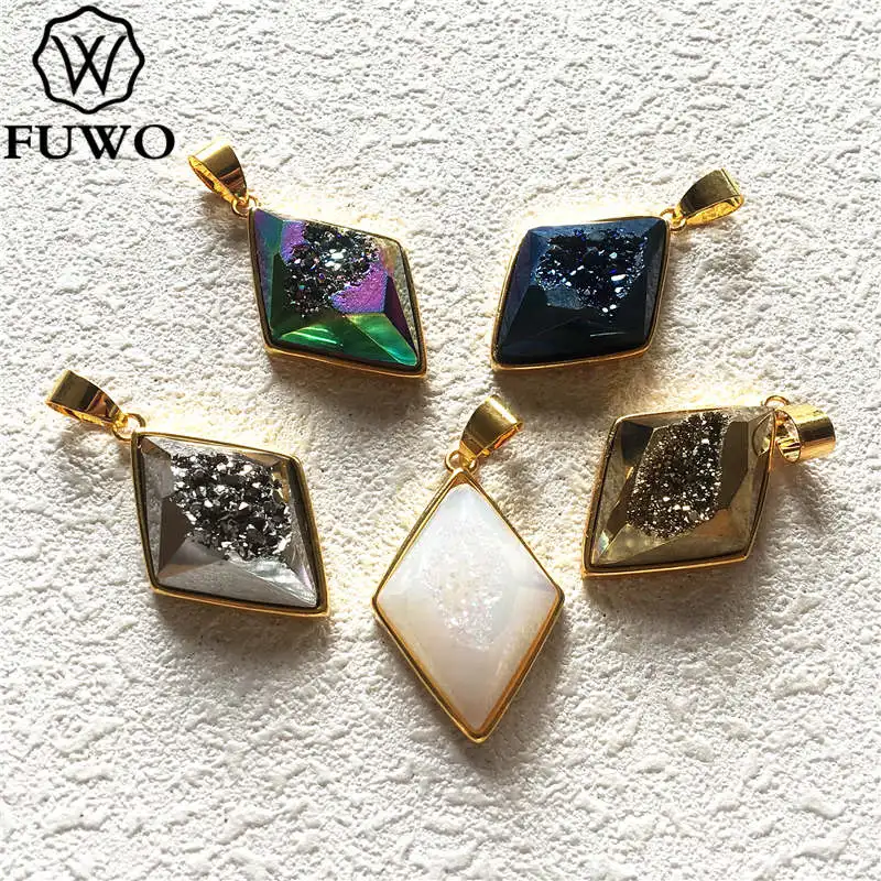 Pendants FUWO Мода аура Радуга ромб кварц кулон граненная Друза разъем с золотой ободок отделан для изготовления ювелирных изделий PD246 - Окраска металла: Pendants