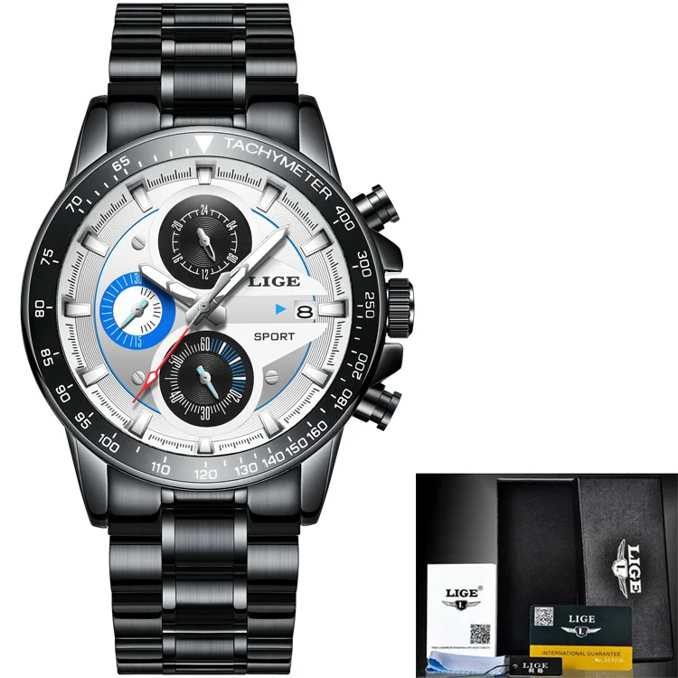 Black blue S LIGE Модные Кварцевые спортивные часы для мужчин бизнес полный сталь мужские часы, наручные часы лучший бренд класса люкс водонепроницаемые часы Relogio Masculino - Цвет: Black blue S