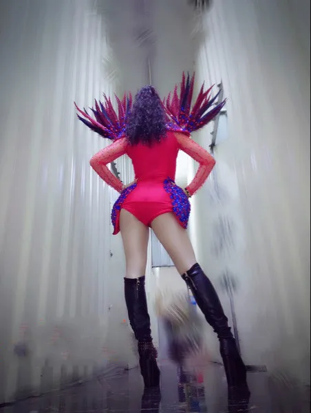 Women Sexy See-through Red Feather Sparkly Rhinestones Bodysuit Nightclub Bar Dance Teams DJ DS Show Female Singer Stage Costume |