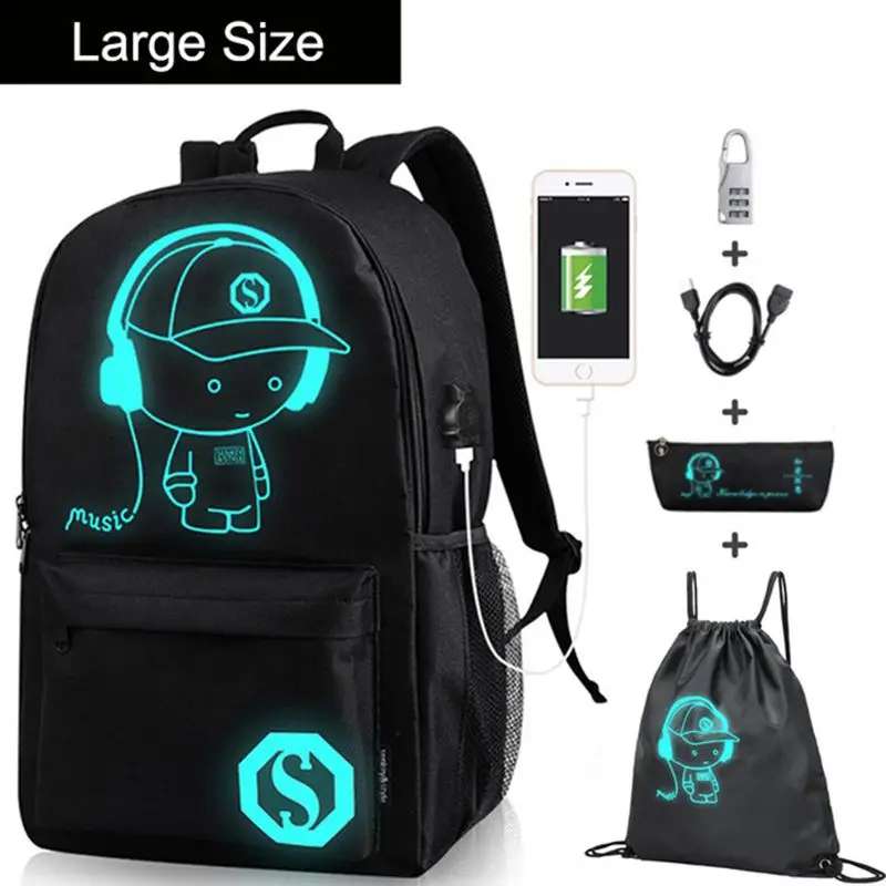 black large size Анти-Вор светящийся студенческий школьный рюкзак Водонепроницаемый Школьный рюкзак для мальчиков и девочек Многофункциональный usb зарядный порт сумка для книг - Цвет: black large size