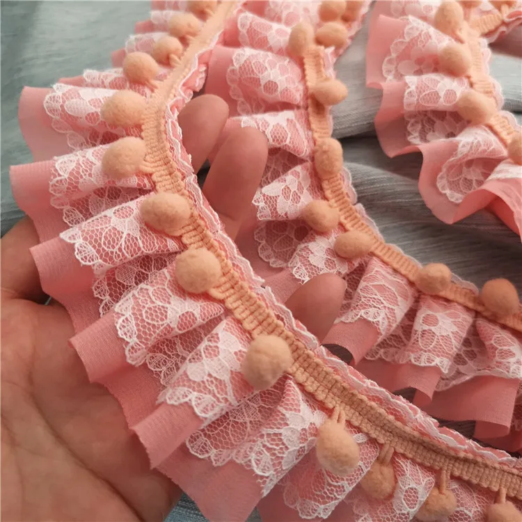 5CM Pink Chiffon pleated lace wool pompom home handmade rose floral Lace Accessories diy decoration | Дом и сад