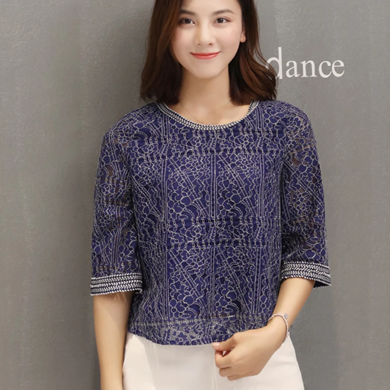 {Guoran} женские кружевные блузки больших размеров белые синие шифоновые рубашки с