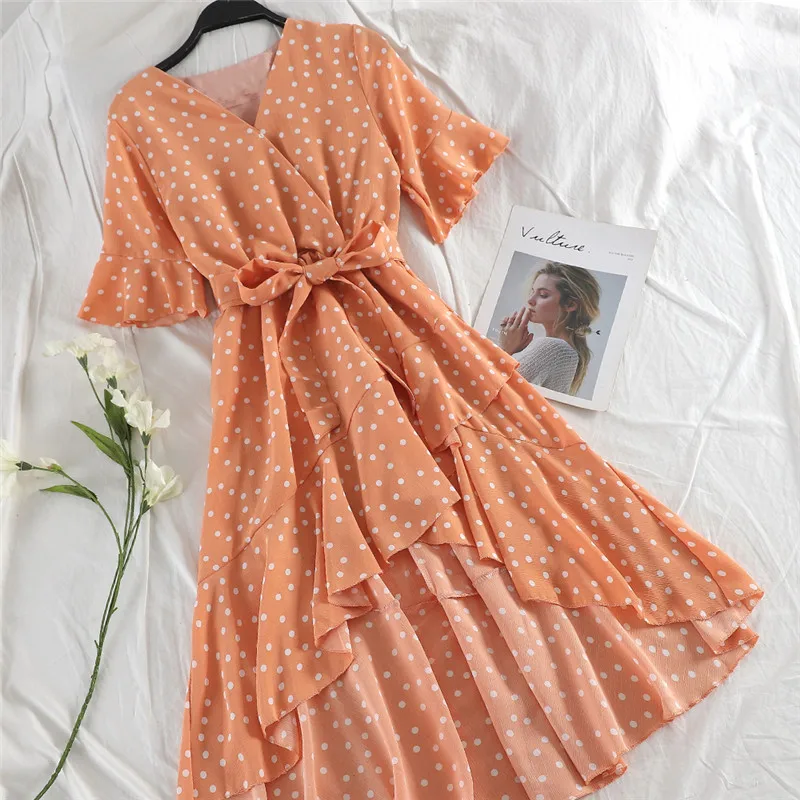 Женское асимметричное платье в горошек Hiawatha корейское с v образным вырезом и