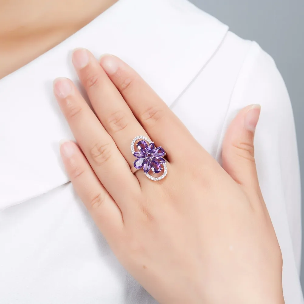 

Hutang Wedding Ring Natural Gemstone African Amethyst Solid 925 Sterling Silver Flower Fine Fashion Jewelry For Presents Gift