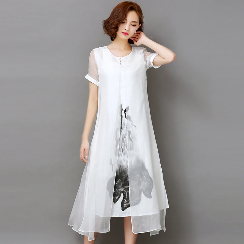 Новые летние женские шифоновые ретро платья с имитацией двух принтов