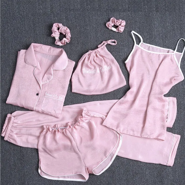 Женский Шелковый пижамный комплект из 7 предметов пижама 2018 Женская шелковая на