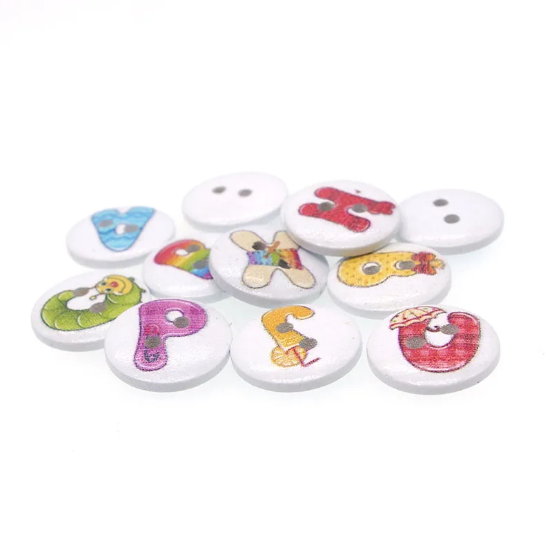 

50PCs Nutural Wooden Buttons Round Letter Painting Mixed Scrapbooking Sewing Accessories DIY Craft 2 Holes 15mm Dia.JS1001