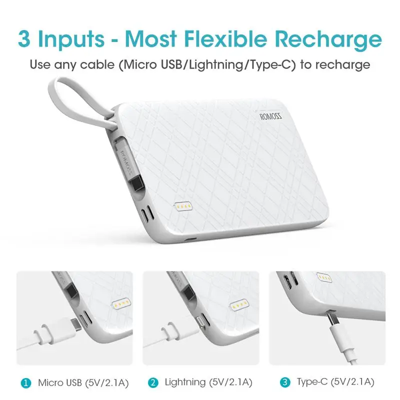 POWER BANK ROMOSS QS10 10000 мАч с встроенным кабелем Micro USB|Внешние аккумуляторы| |