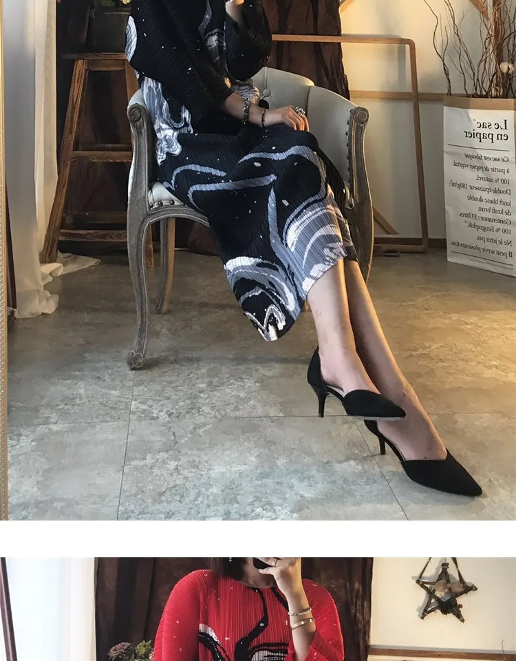 Changpleat Весенние новые свободные платья с принтом Miyak Плиссированное модное платье большого размера с круглым вырезом и рукавами летучая мышь большое эластичное платье D908