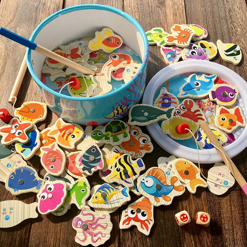 Wooden 60pcs Set Magnetic Fishing Toy Game Kids 3 Rod 1 barrel Fish Outdoor Toys for kids gift | Игрушки и хобби