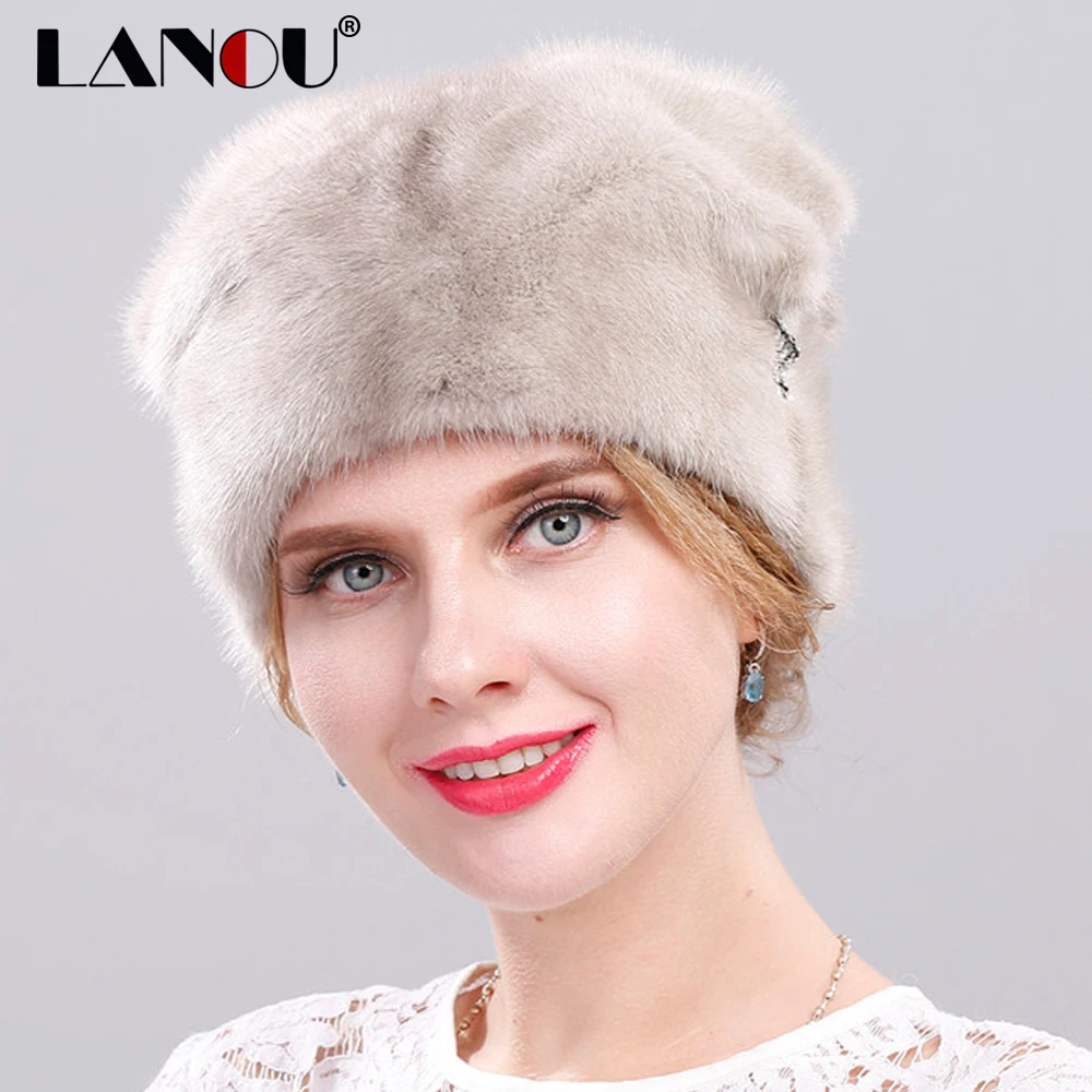 Для женщин зимние Шапки 100% натуральный норки Мех животных Шапка-бини с помпоном