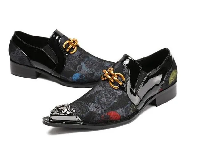 

Autumn iron head new men's shoes pointed toe embossed slip-on casual shoes leather metal iron personality performance shoes