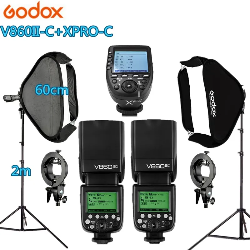 2x Godox V860IIC Вспышка Speedlite + Xpro C триггер набор для фотостудии 60*60 см софтбокс 2 S type