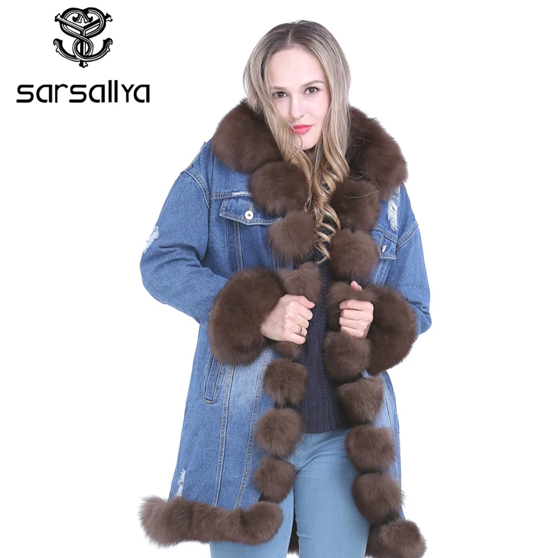 Sarsallya новые модные натуральным лисьим мехом джинсовая куртка женская Лиса Мех
