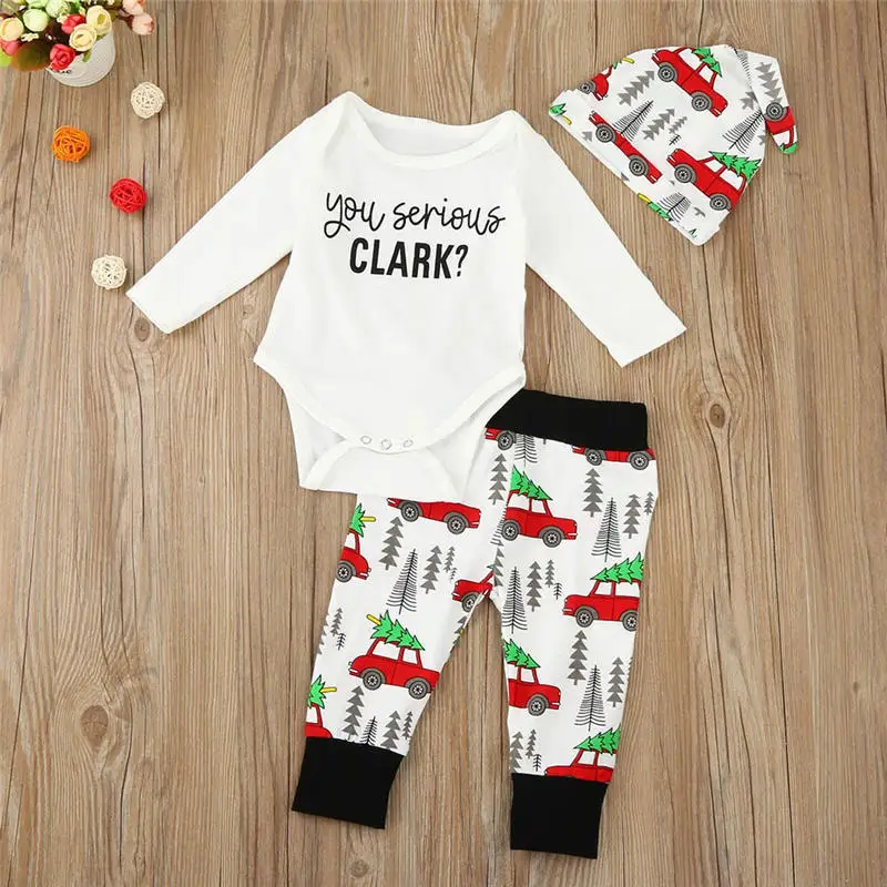 2017 Baby 3 pcs Christmas Pajamas Set New Year Romper Tops+ Pants Outfit Sleepwear Hat Included Nightwear Sets | Детская одежда и