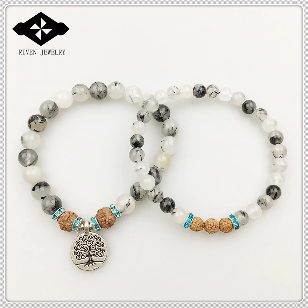 SN1175 браслет с изображением дерева жизни ручная работа черный рутилированный