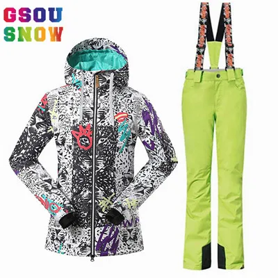 GSOU Снежный бренд, женский лыжный костюм, сноуборд, куртка, брюки, наборы, Зимний водонепроницаемый лыжный костюм, Женская Спортивная одежда для улицы, лыжная одежда - Цвет: LEY
