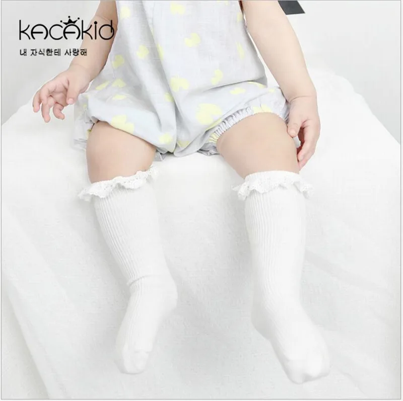 Calcetines hasta la rodilla con volantes de encaje Retro para ni&ntilde;os, medias largas de princesa, antideslizantes, colores caramelo, novedad de verano-3