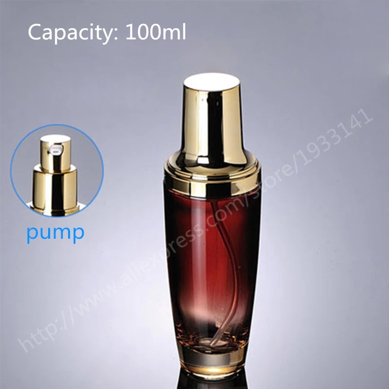 

Hot sale 5 x 100ml colored glass bottles for sale, empty 100cc red glass pump bottle with gold lid,cosmetic packaging