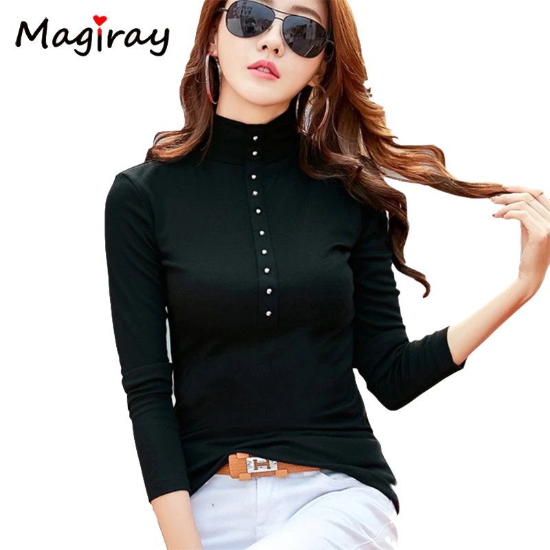 

magiray long sleeve elegant t shirt women 2020 turtle neck korean beading Pearl plus size female top tee black white tshirt c18