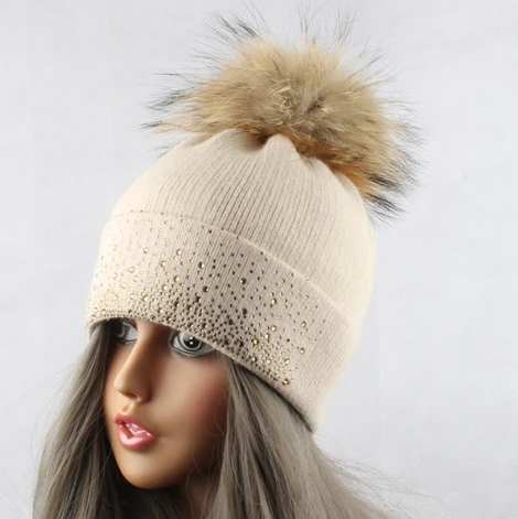 beige Норковые шапки из меха енота для женщин, Зимняя шерстяная вязаная шапка, стразы, шапка с меховым помпоном - Цвет: beige
