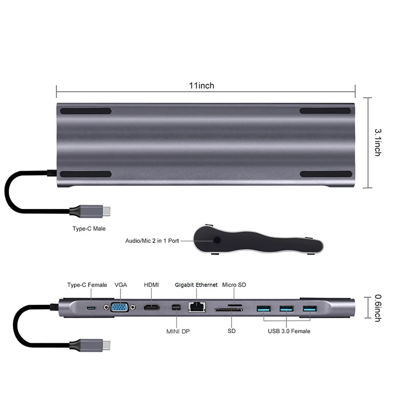 11 в 1 мульти USB C концентратор к HDMI VGA USB 3,0 RJ45 SD кард-ридер 3,5 мм аудио адаптер для MacBook type C концентратор для samsung huawei