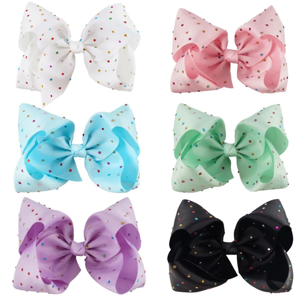 

7 Inch Solid Ribbon Hair Bow With Rainbow Rhinestone Hair Clips For Kids Girls Hairpins Headwear Handmade Hair Accessories