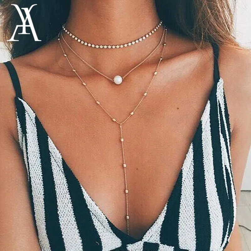AY Boho Чокеры с искусственным жемчугом и кристаллами для женщин богемное длинное