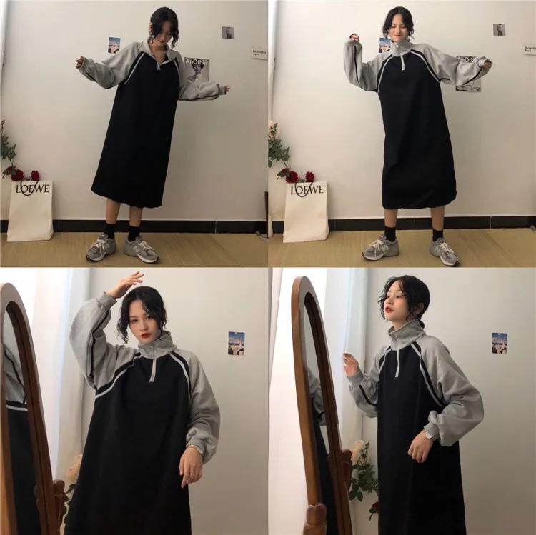 Уличная одежда больших размеров ulzzang, корейская мода, осенняя Женская одежда, Harajuku, водолазка, флисовая плотная толстовка, длинные платья