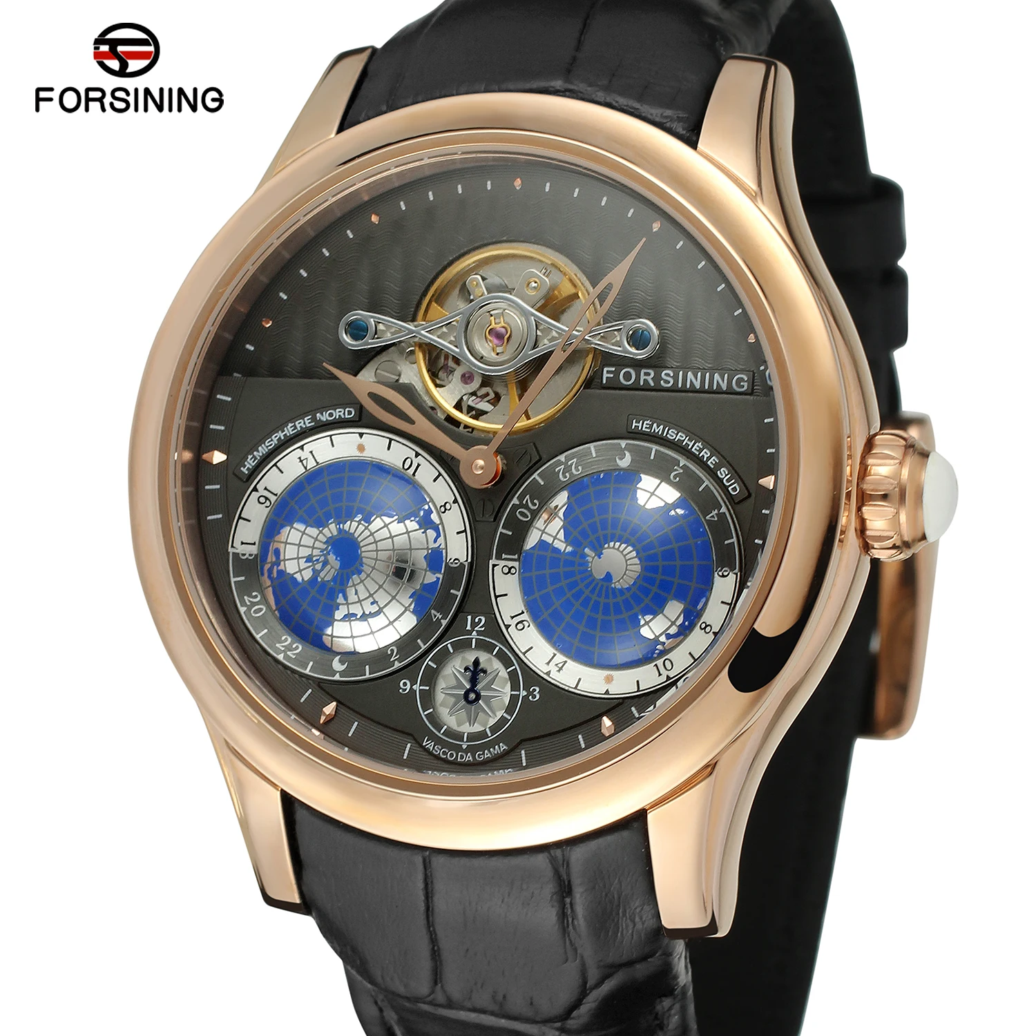 

Forsining Top Brand Business Mechanical Watch Men 30M Waterproof Tourbillon Auto Wrist Watches 3d Earth Search Leather Band