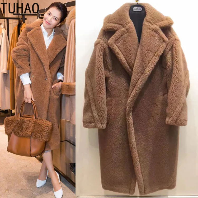 

COATS Winter runway design thick warm lamb fur long coat for women teddy bear lamb fur loose outwear jacket long fur coat
