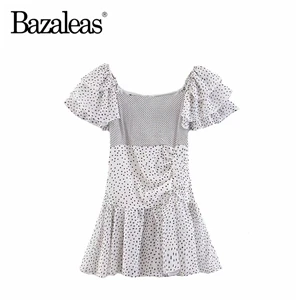 Y37 dot patchwork Bazaleas, винтажное платье с открытыми плечами и пышными рукавами, платье в горошек, лоскутное женское платье, плиссированное вечернее платье с оборками, летнее платье - Цвет: Y37 dot patchwork