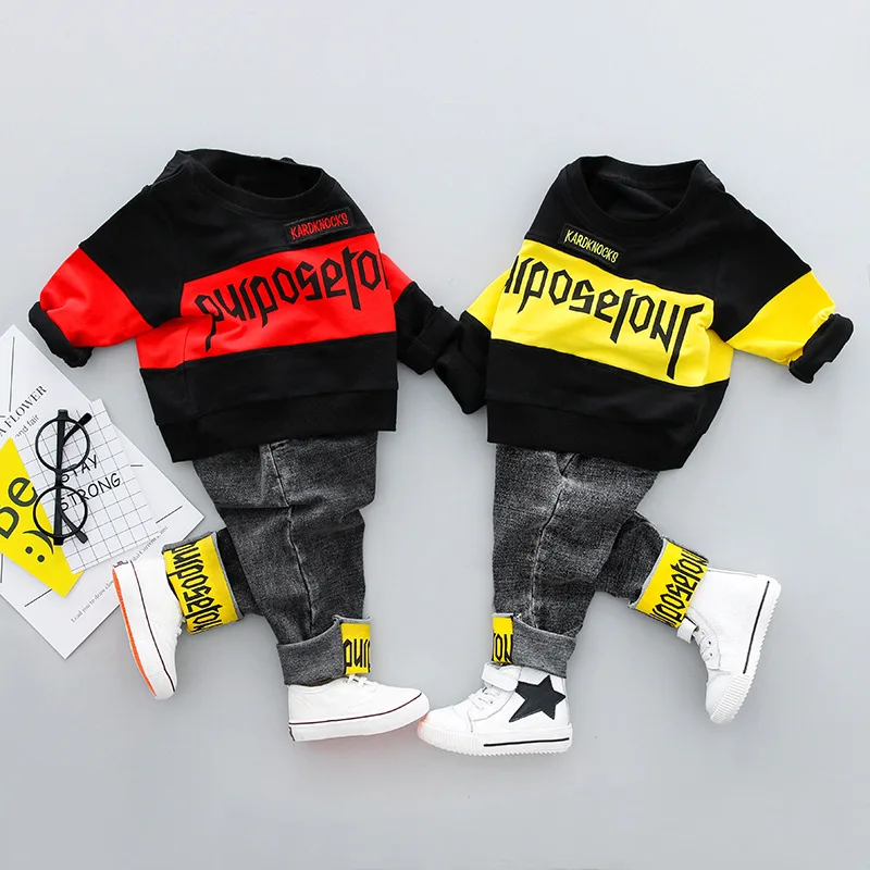 Spring and Autumn New Fashion Baby Boys Long Sleeve O-neck Cotton Casual Letter Printed Coat Elastic Jeans Pants 2pcs Outfits |