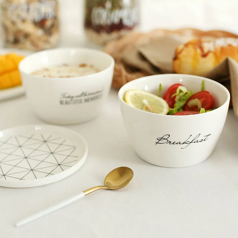 

Nordic Style Marble Grain Ceramic Rice Soup Bowls With Lid Creative Home Decoration Porcelain Tableware Bowl Set Dinnerware