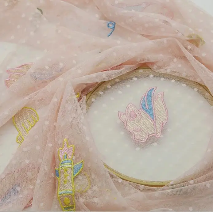 2019 New style light pink cartoon pig cute embroidery mesh lace fabric girl kid dress wear DIY hot sewing material 1 yard | Дом и сад