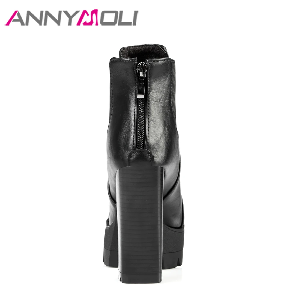 ANNYMOLI/зимняя обувь Женские ботильоны на платформе и высоком каблуке черные