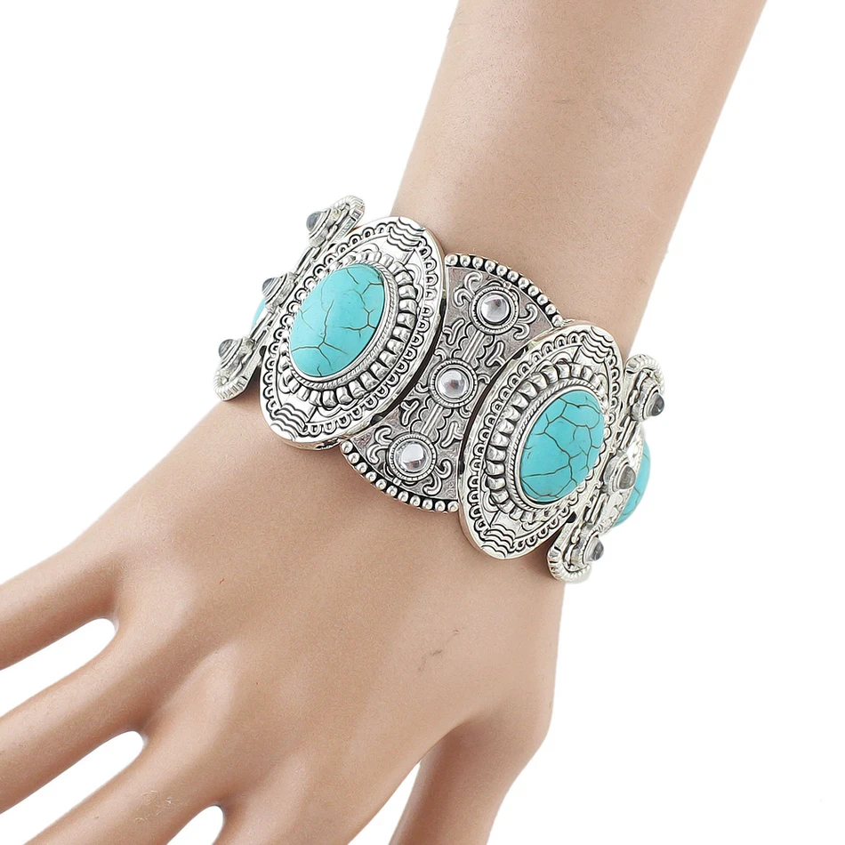 Boho Стиль Большой себе Браслеты серебряные украшения Цвет синий камень широкий