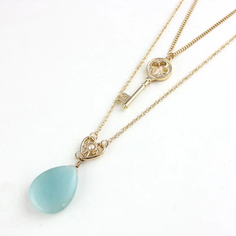 Двойной слой ключа в виде капли воды Amazon Stone кулон Цепочки и Ожерелья