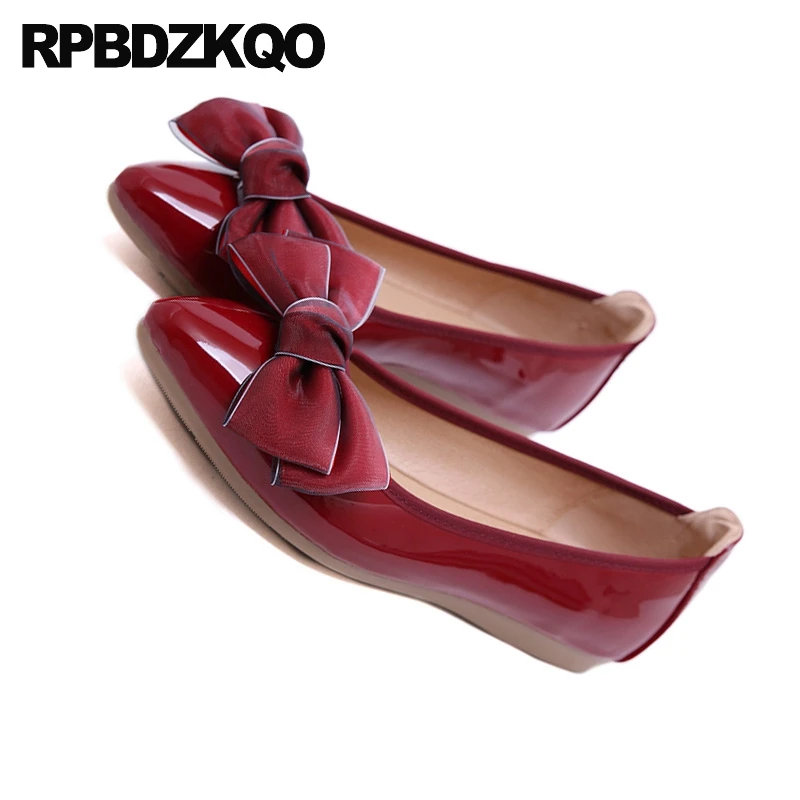 Cheap Pointed Toe Large Size Chinese Patent Leather 2021 Shallow Shoes Ladies Soft Ballet Flats Women Slip On Red Wine Gray Bow | Обувь