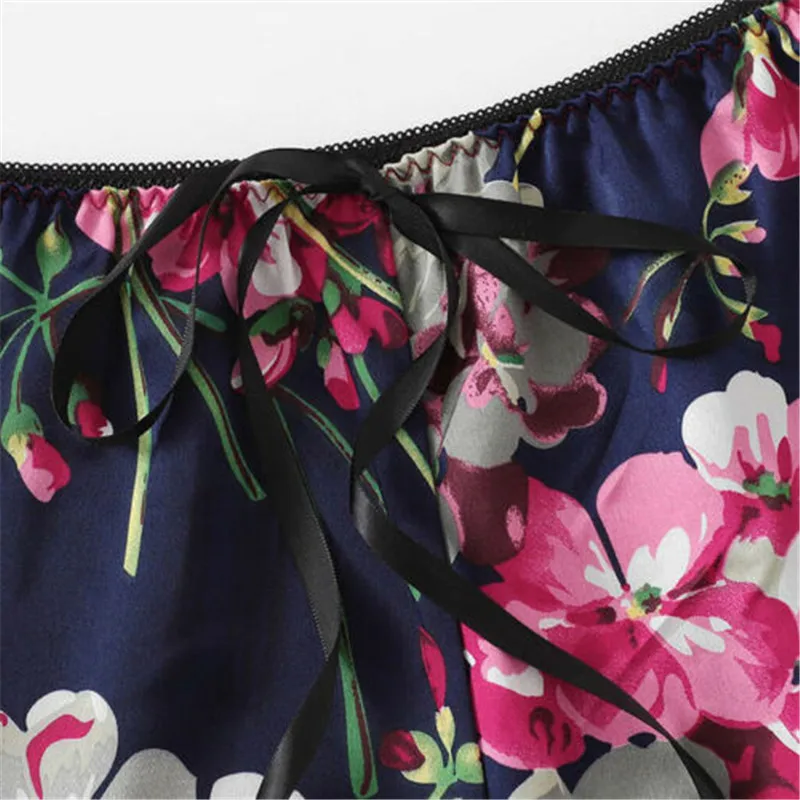 

Summer 2pcs Women Sexy Print Satin Lace Sleeveless Sleepwear Babydoll Lingerie Nightdress Pajamas Set