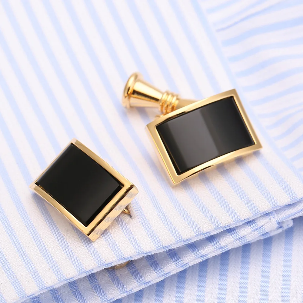 VAGULA Cufflinks Luxury gift Suit Shirt Gemelos 24K Gold-color Button Chain Black Stone Cuff links Men Jewelry Drop ship 135 | Украшения и