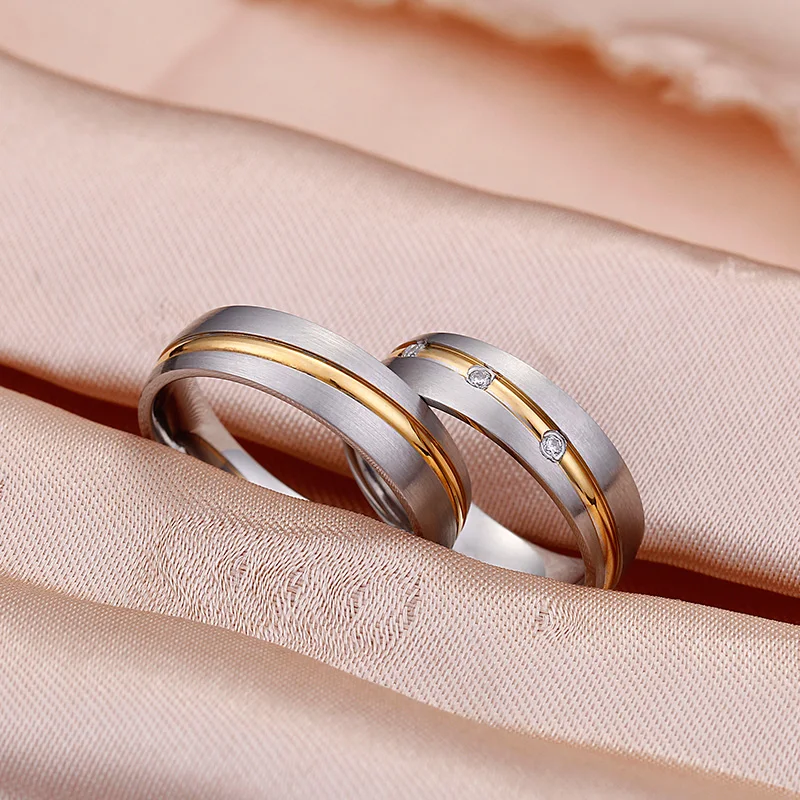 Lover's золотистое кольцо линия матовый нержавеющий отделка Обручальное кольцо 3 циркония пара Alliance Помолвочное Драгоценное кольцо