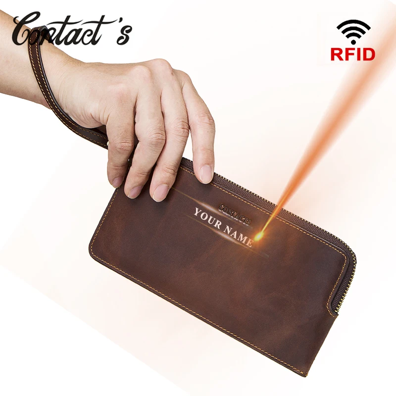 Vintage Wallets Men Crazy Horse Leather Wallet Zipper Long Purses RFID Wristlet Clutch Coin Purse Card Holders Big Capacity | Багаж и