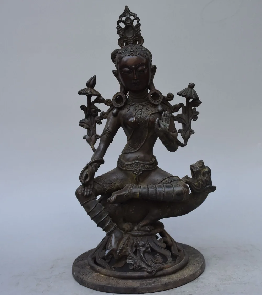 

christmas 14" Tibet Buddhism Old Bronze GuanYin Kwan-yin Tara Buddha Sit Lion Beast Statue halloween