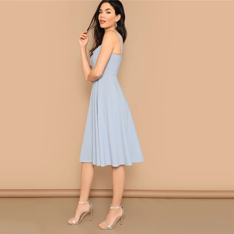 SHEIN Однотонное Приталенное Расклешенное Платье С Молнией Женское Летнее Элегантное Платье Без Рукавов